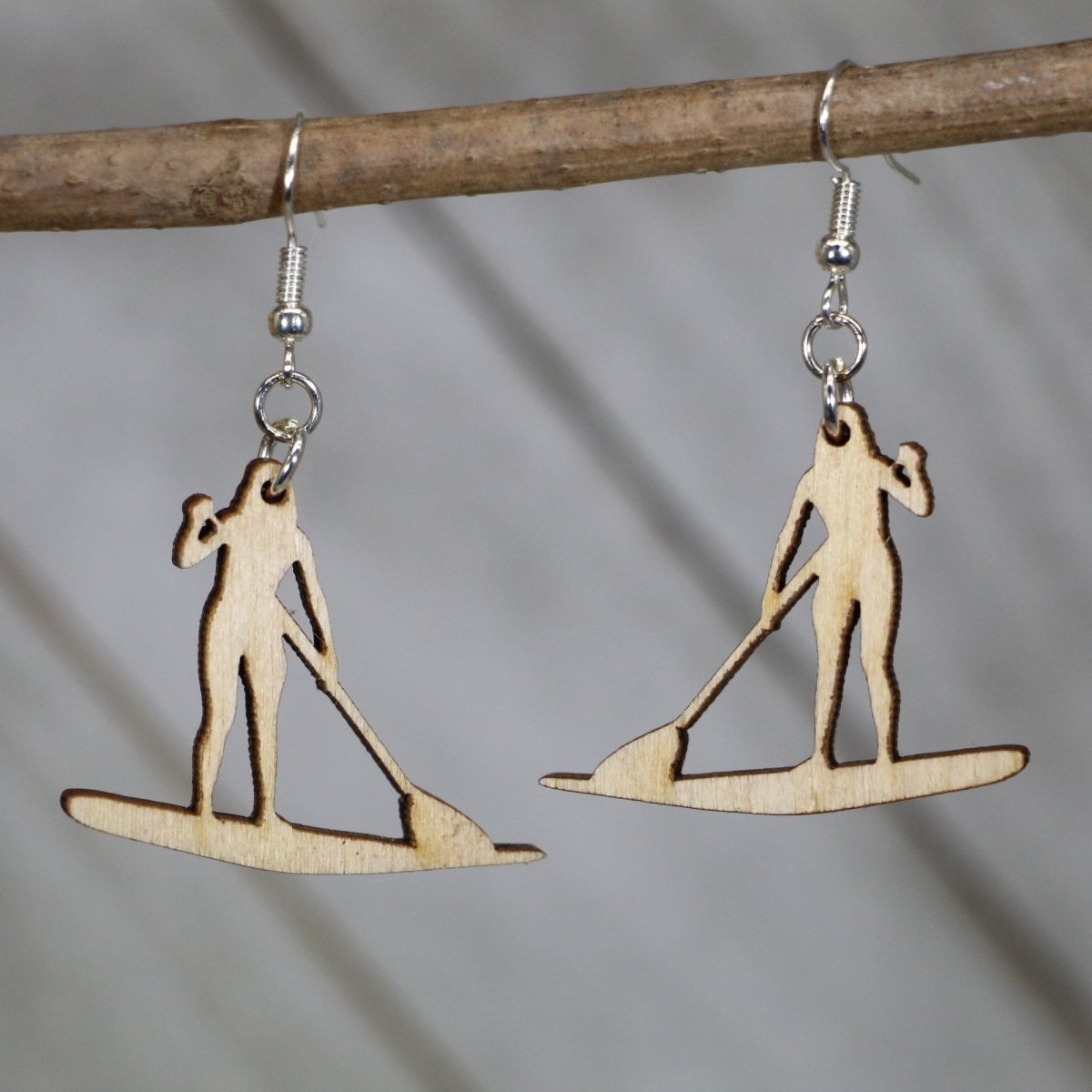 Paddle Boarder Wooden Dangle Earrings | Water Sports Jewelry