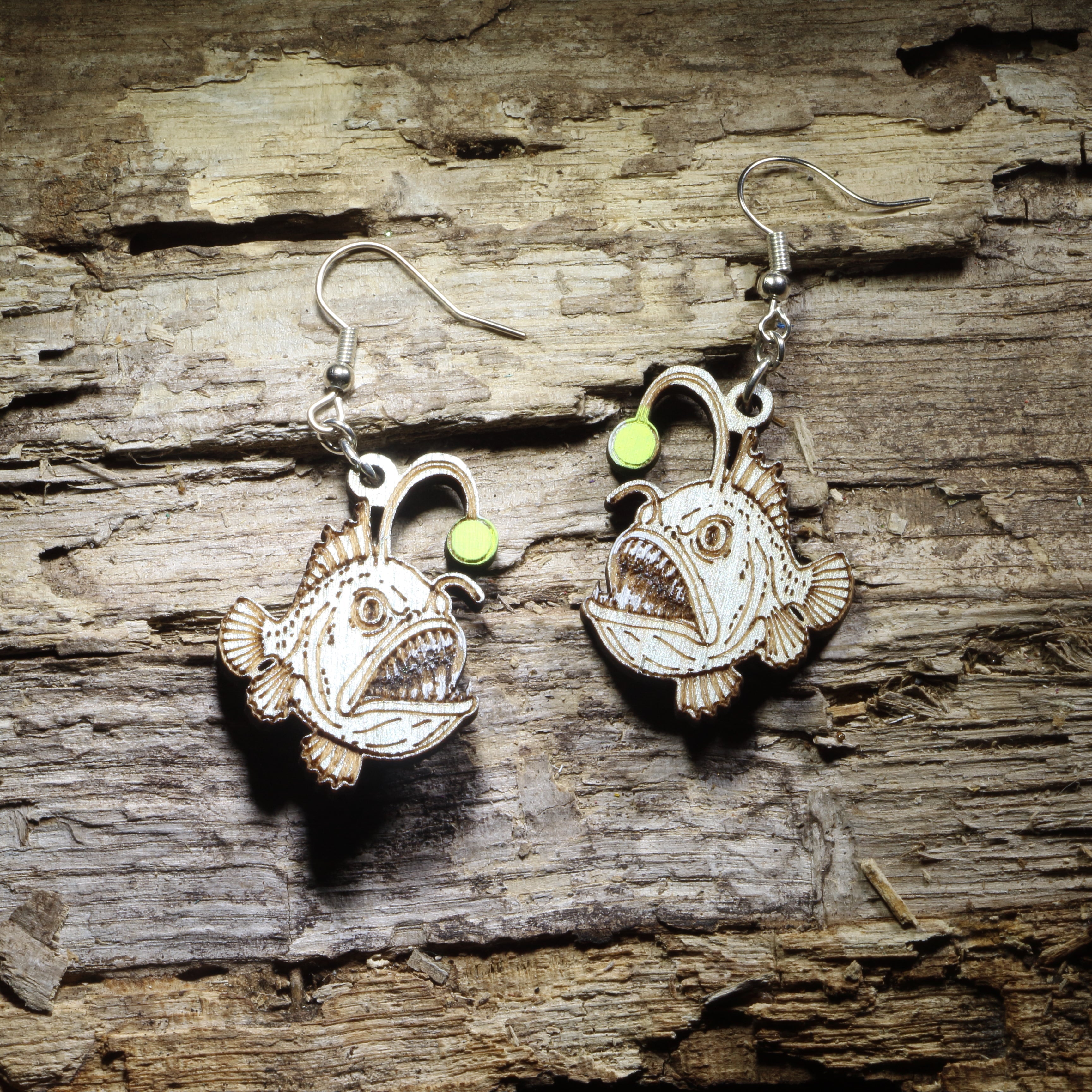 Anglerfish Wooden Earrings | Deep Sea Ocean Creature Jewelry