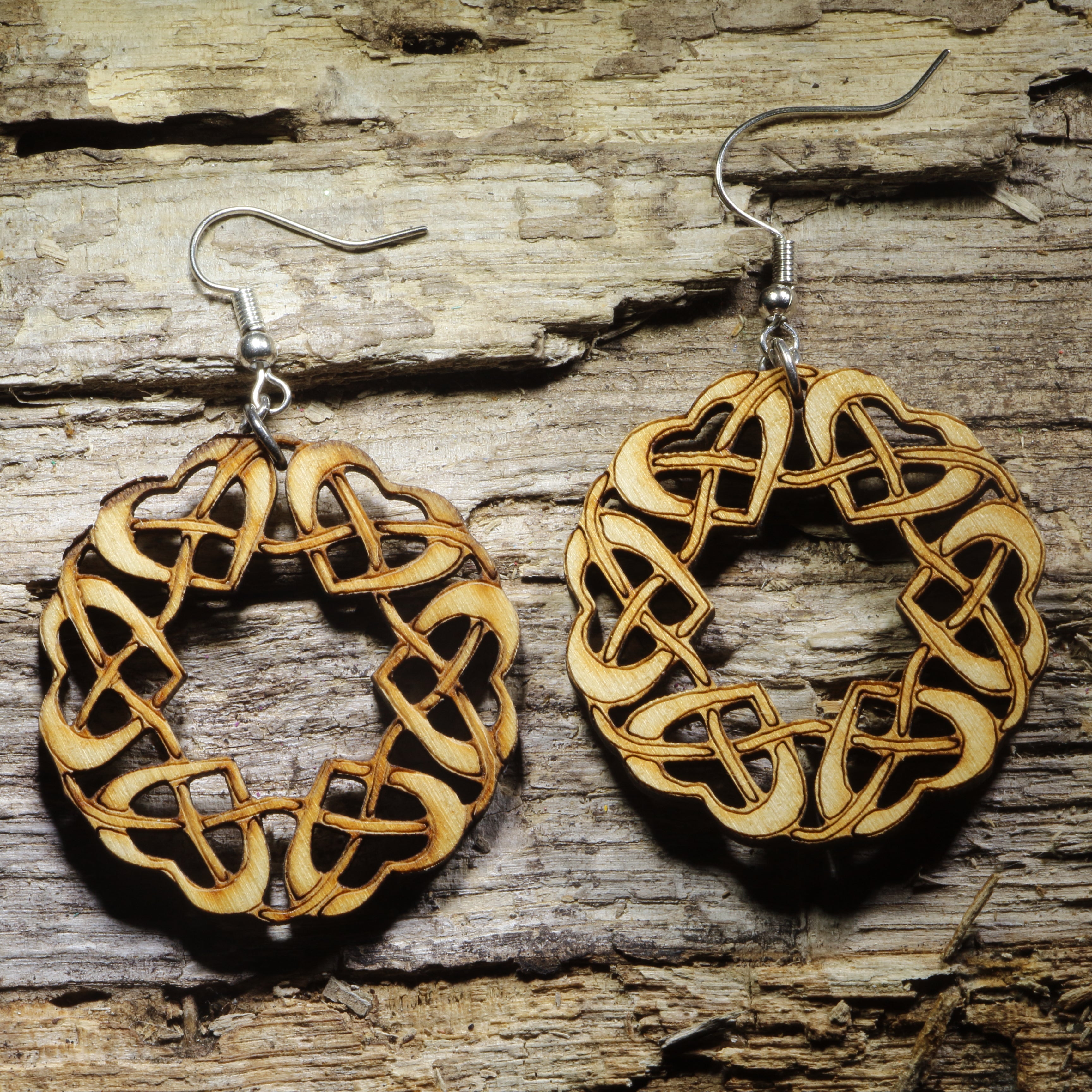 Celtic Heart Wooden Dangle Earrings | Knot Circle Jewelry