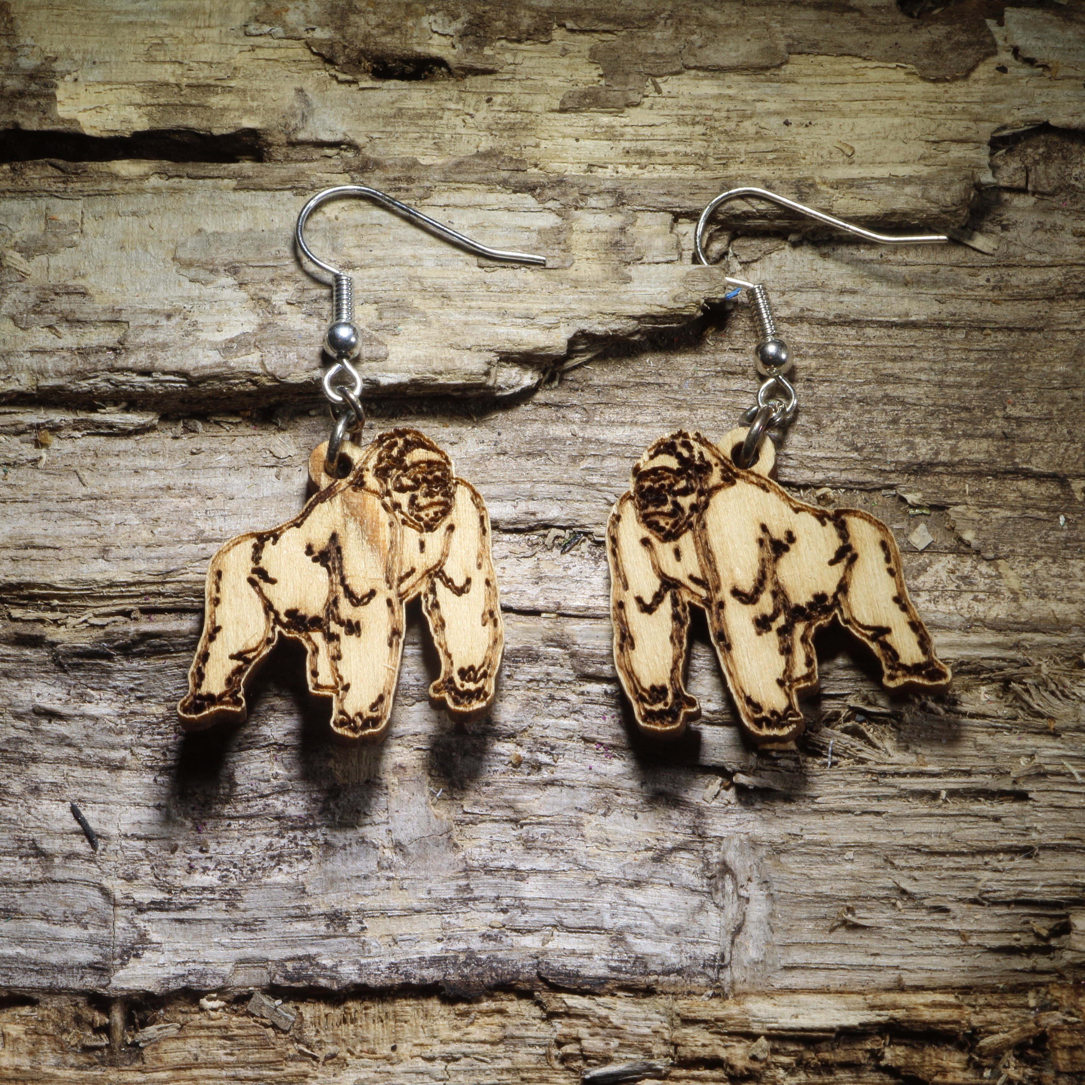 Gorilla Wooden Earrings | Wildlife Primate Animal Jewelry