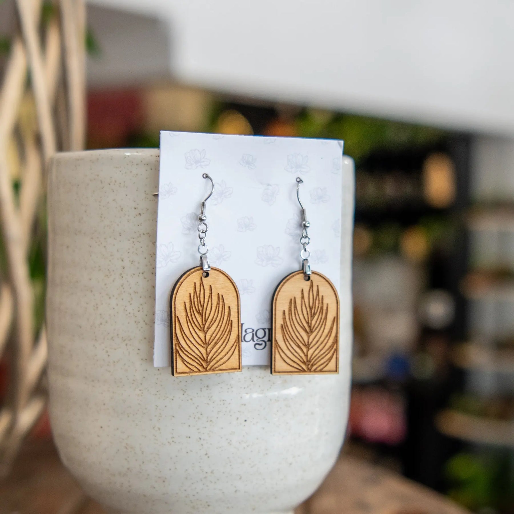 Palm Leaf Arched Earrings by Still Magnolia, handmade jewelry detail photo 2