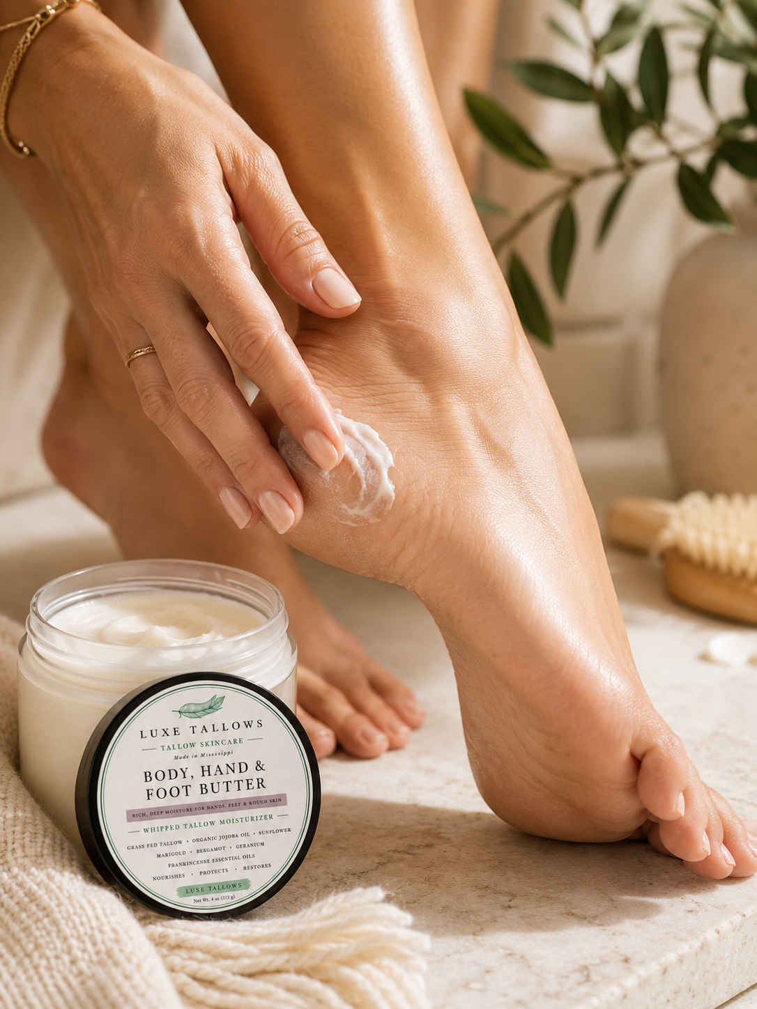 Woman putting body butter on feet
