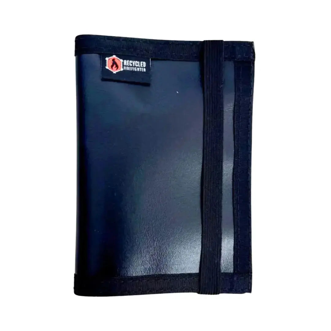 Black Recycled Firefighter passport wallet with elastic closure and logo