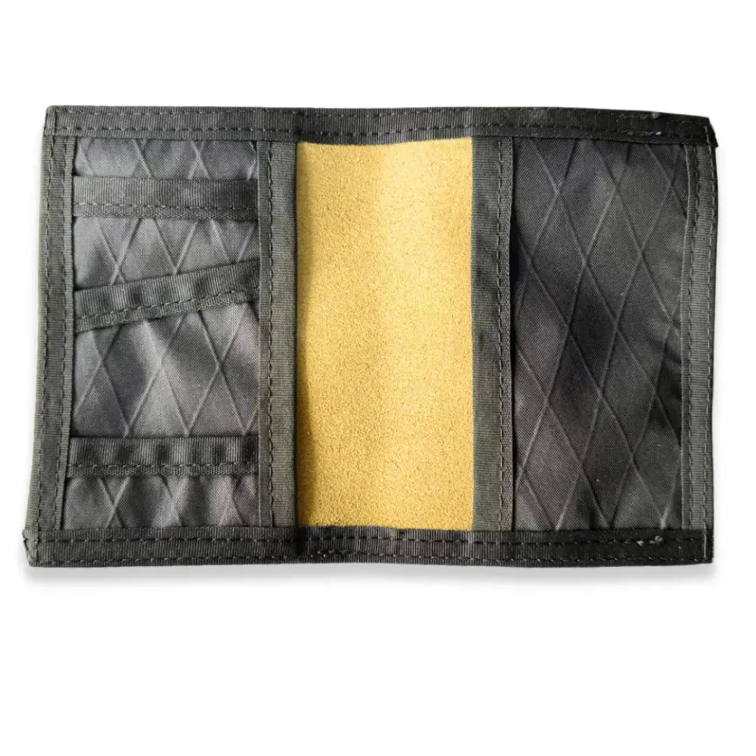 Open black wallet with yellow interior and card slots.