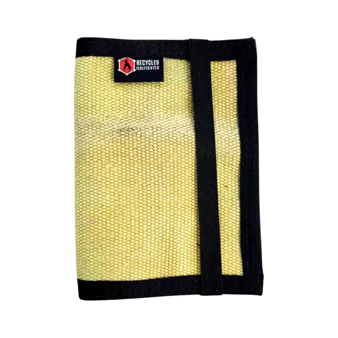 Yellow polyester fire hose passport wallet with black trim and elastic strap