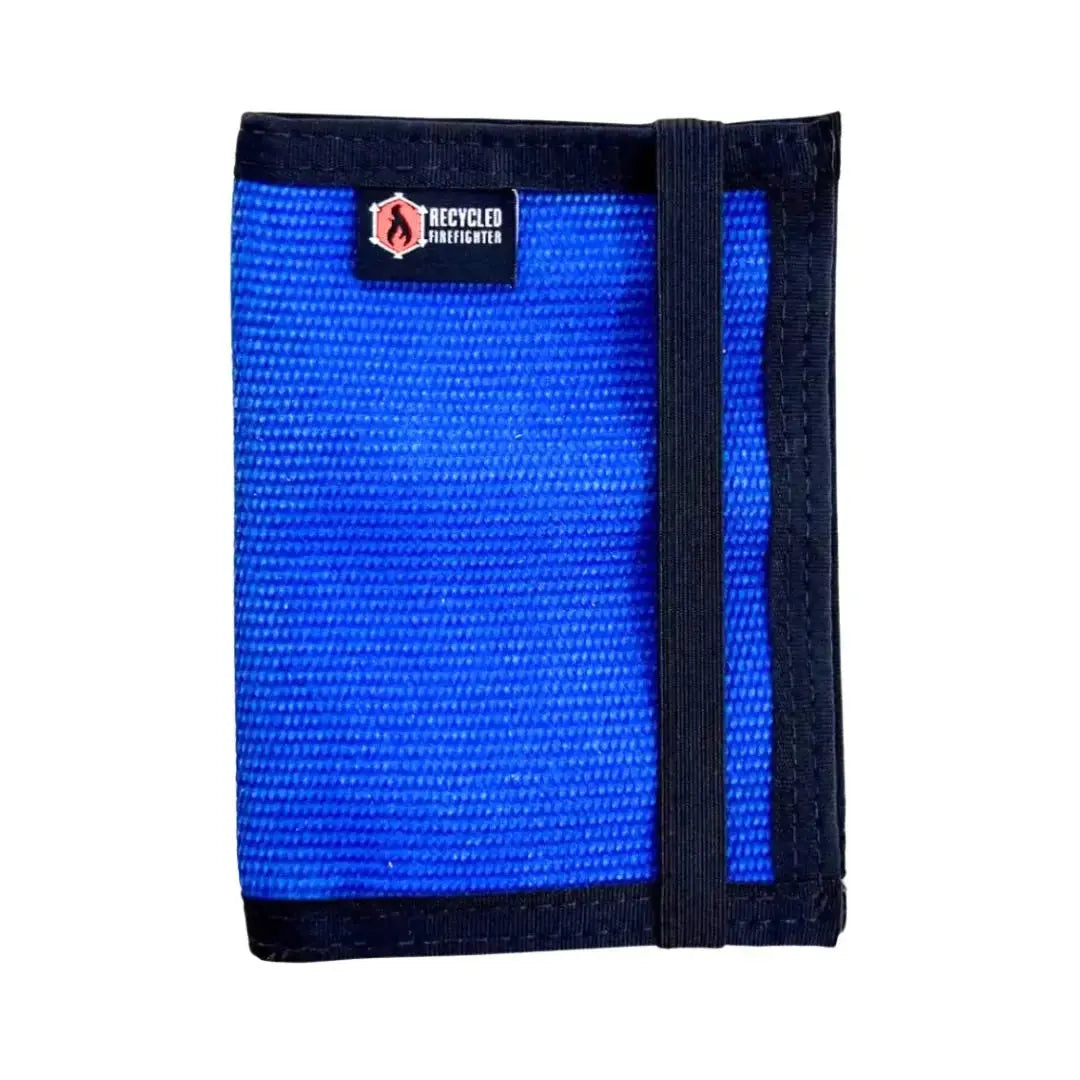 Blue recycled firefighter passport wallet with elastic strap.