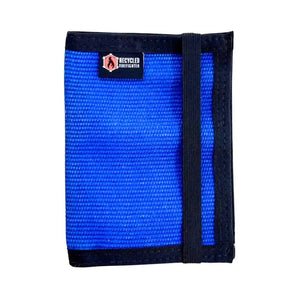 Blue recycled firefighter passport wallet with elastic strap.