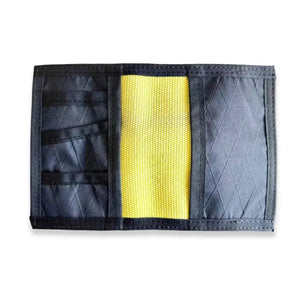 Black and yellow tri-fold wallet made from firehose fabric with card slots and XPac liner