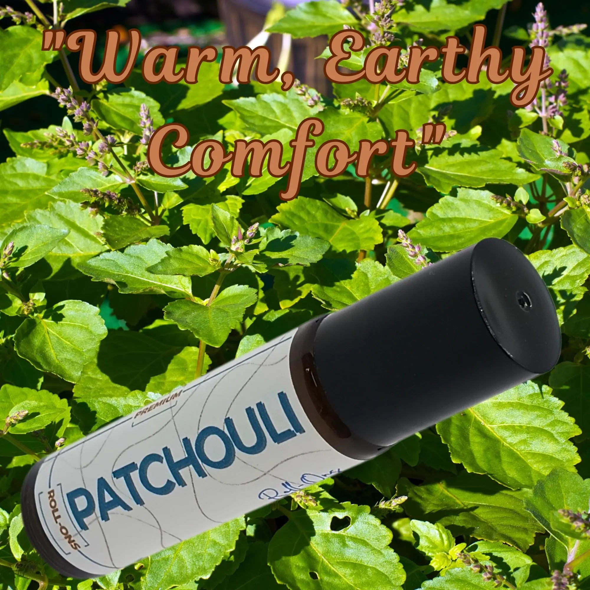 Patchouli roll-on oil with black cap shown against green leafy plant background. The label reads \"PATCHOULI ROLL-ONS\".