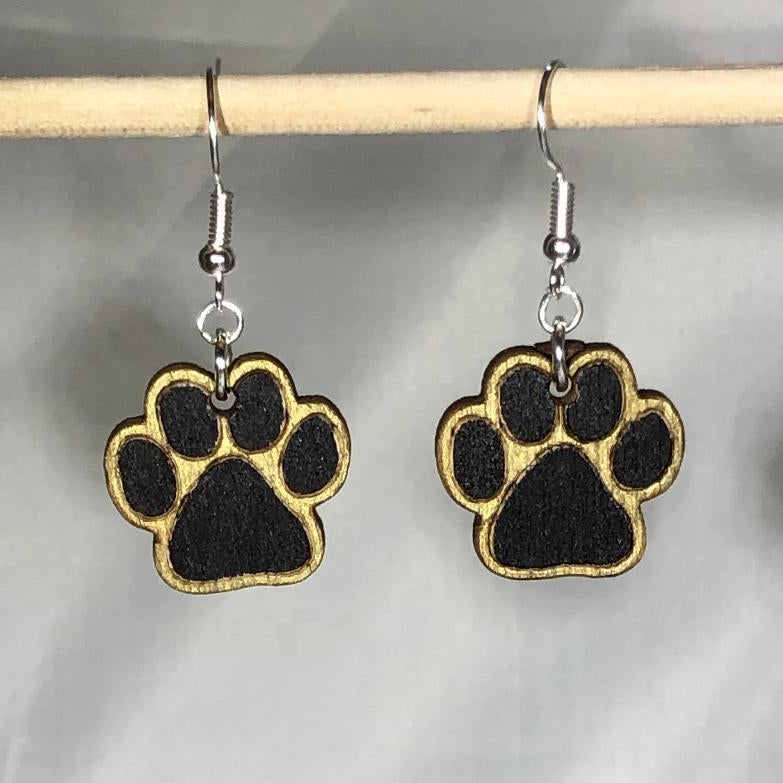 Paw Print Wooden Dangle Earrings | Black Gold Animal Jewelry by Cate's Concepts, LLC, handmade jewelry main product photo