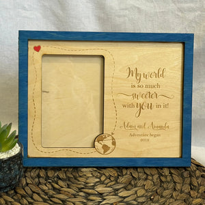 Personalized wooden couple frame with engraved quote, names Adam & Amanda, and year 2018. Fits 4x6 photo.