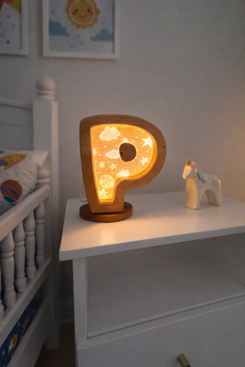 Personalized wooden letter night light for kids room decor by Maple Play
