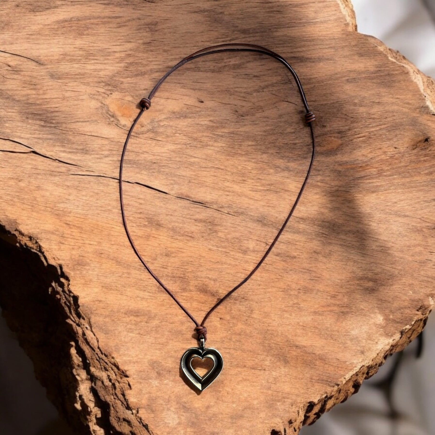 LOVE Heartbeat Necklace - Solid Bronze on Leather Cord by Forged By Fire — view 4 of 5