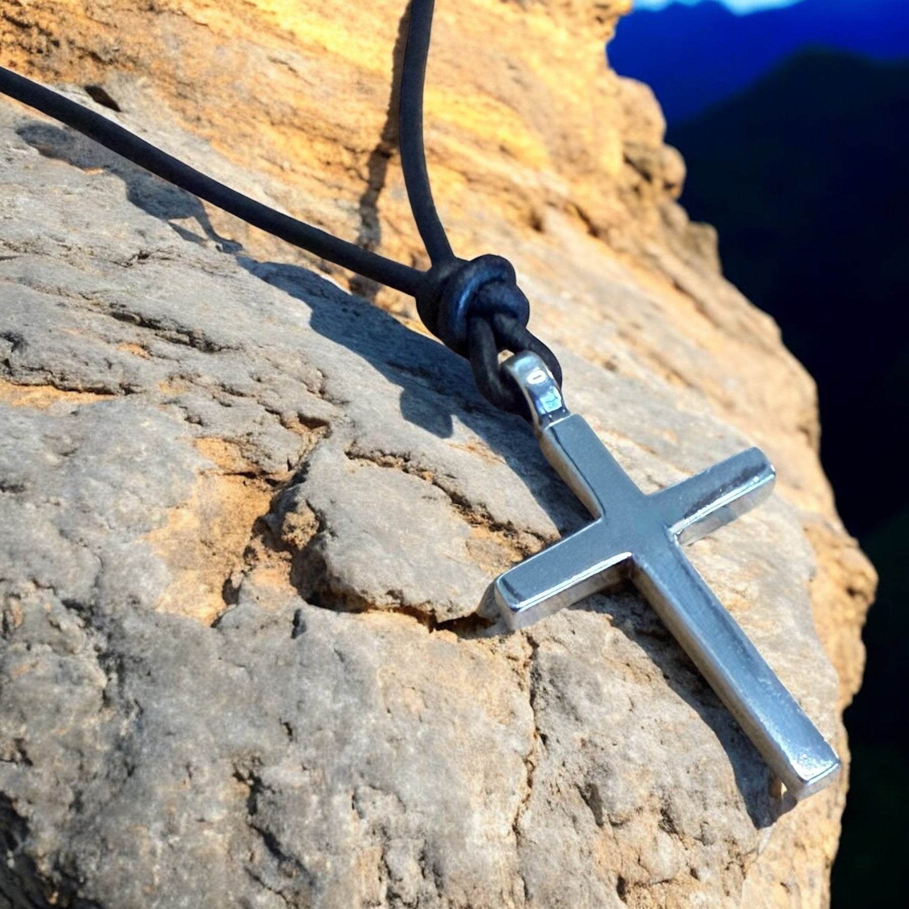 Classic Cross Necklace - Sterling Silver on Leather Cord by Forged By Fire — view 3 of 12