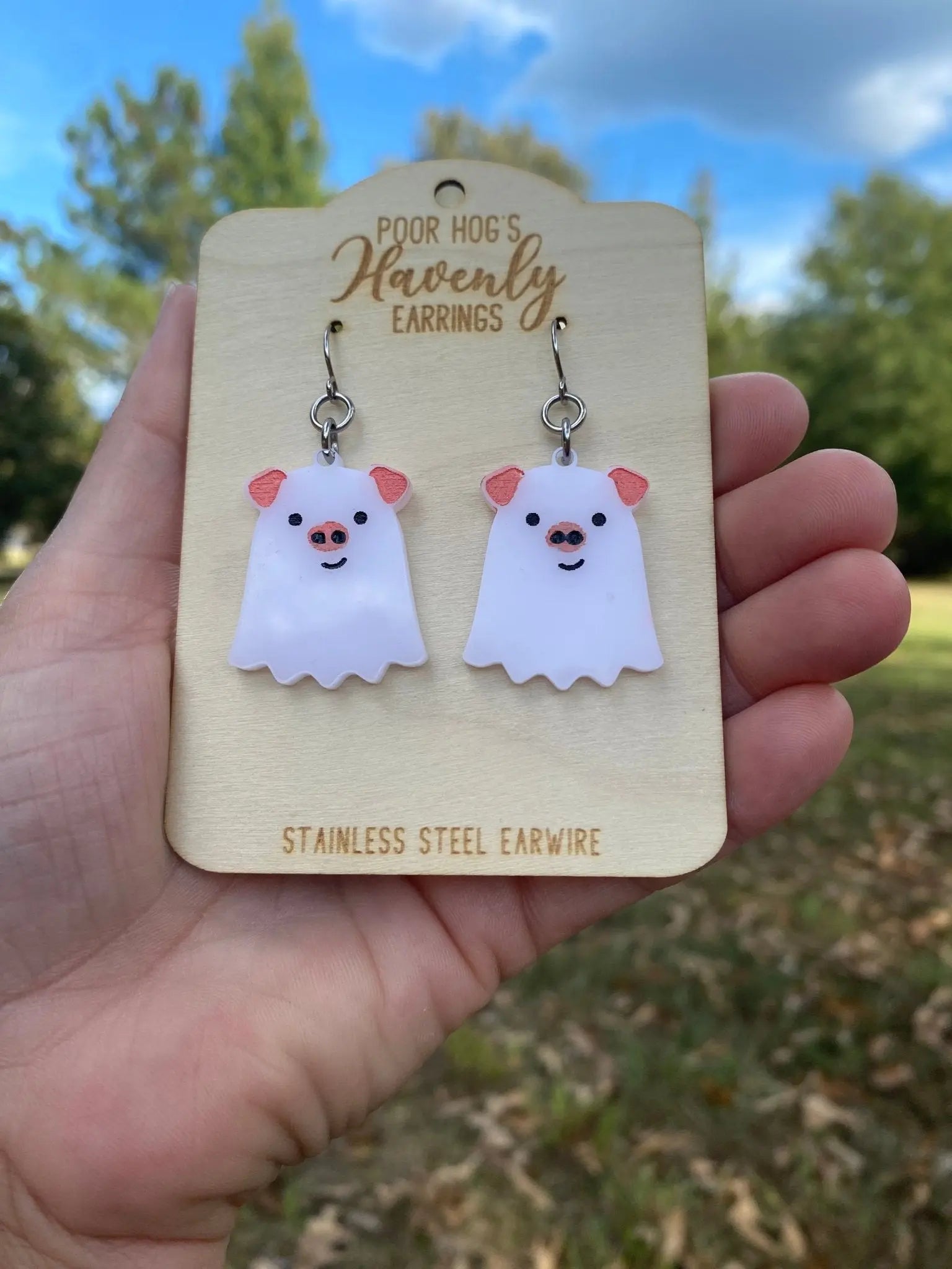 Pig Ghost Earrings – Spooky Cute Halloween Jewelry, Acrylic Dangle Earrings, Funny Pig Lover Gift, Handmade Statement Earrings Poor Hog Customs