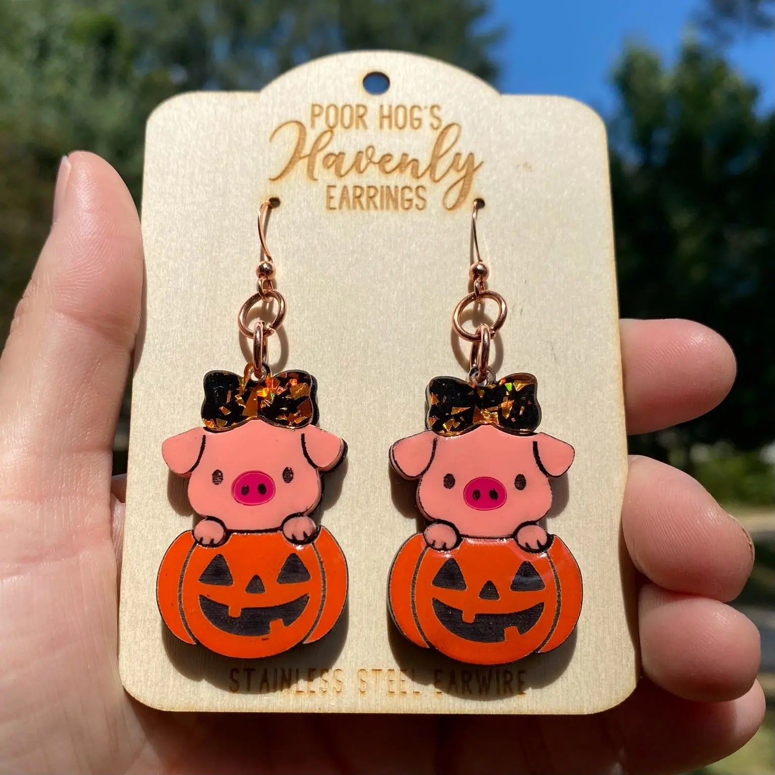 Pig Halloween Earrings: Cute Piggy in Pumpkin Dangle Earrings, Halloween Fall Jewelry Gift - Poor Hog's Heavenly Earrings