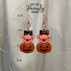 Piggy in a Pumpkin Halloween Earrings by Poor Hog Customs, handmade jewelry detail photo 4