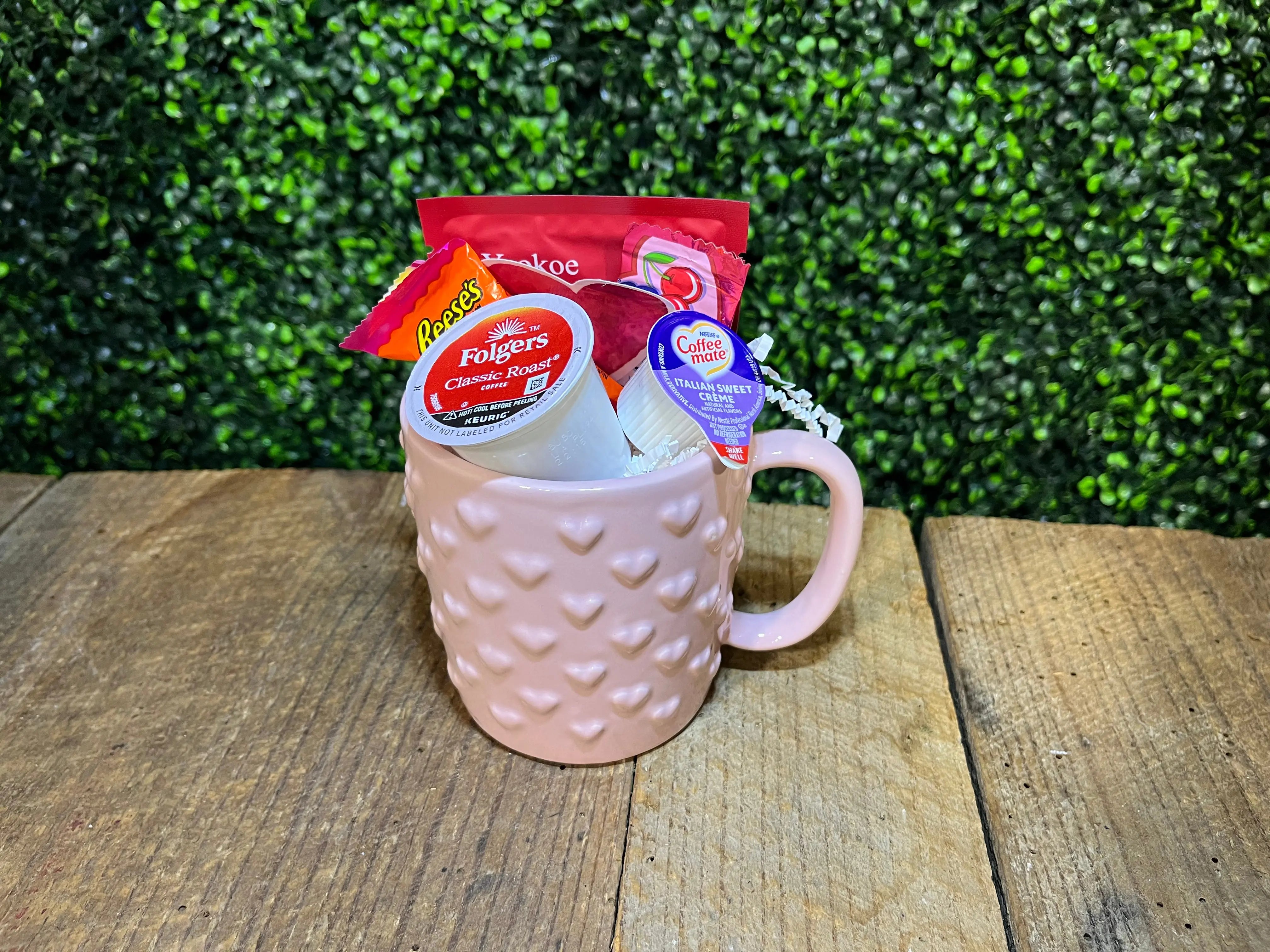 Pink Hearts Mug Gift Set: Coffee, Creamer, Candy & Under-Eye Patches. Cute Present by Main Street Collective!