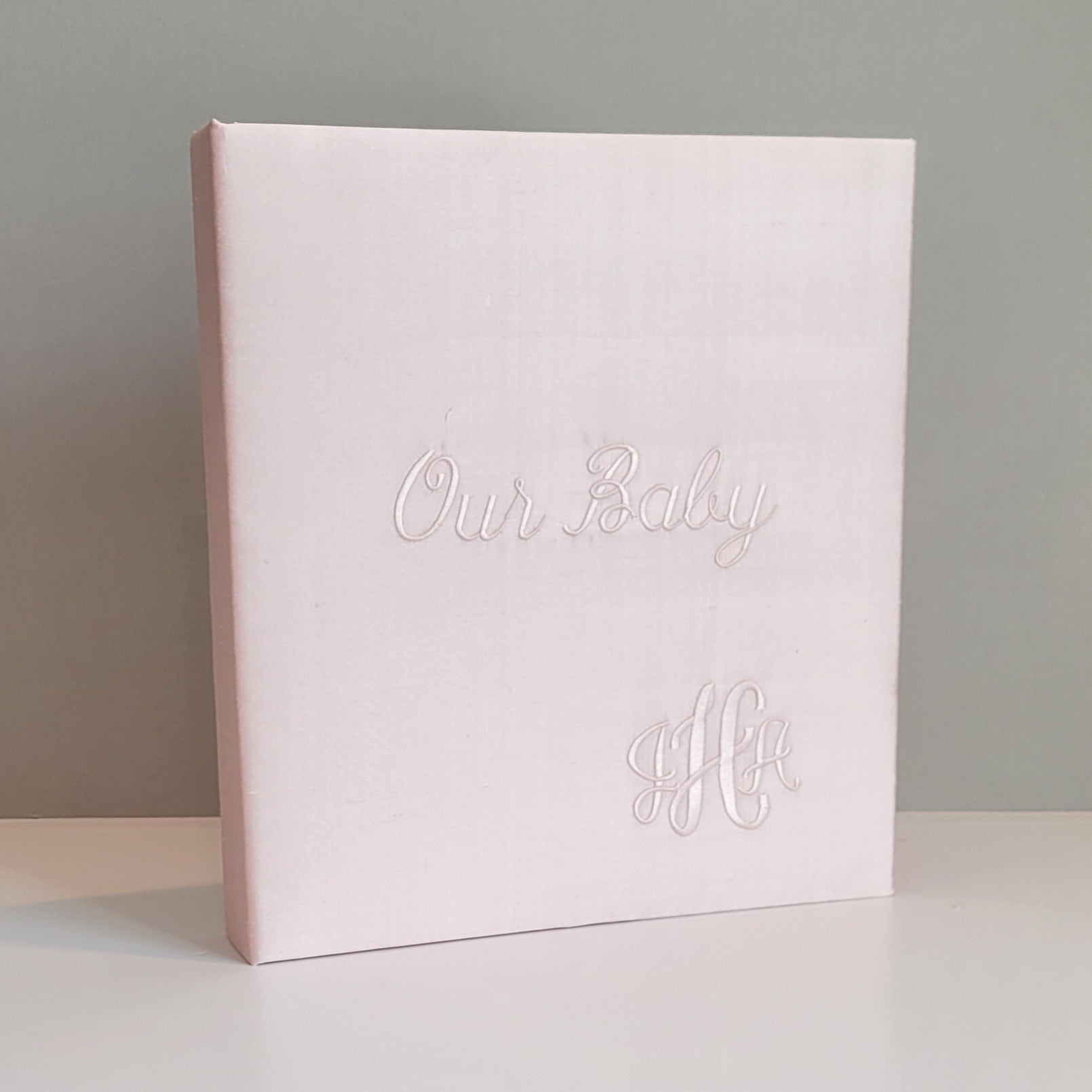 Pink shantung handmade baby memory book with custom monogram by AP Creations
