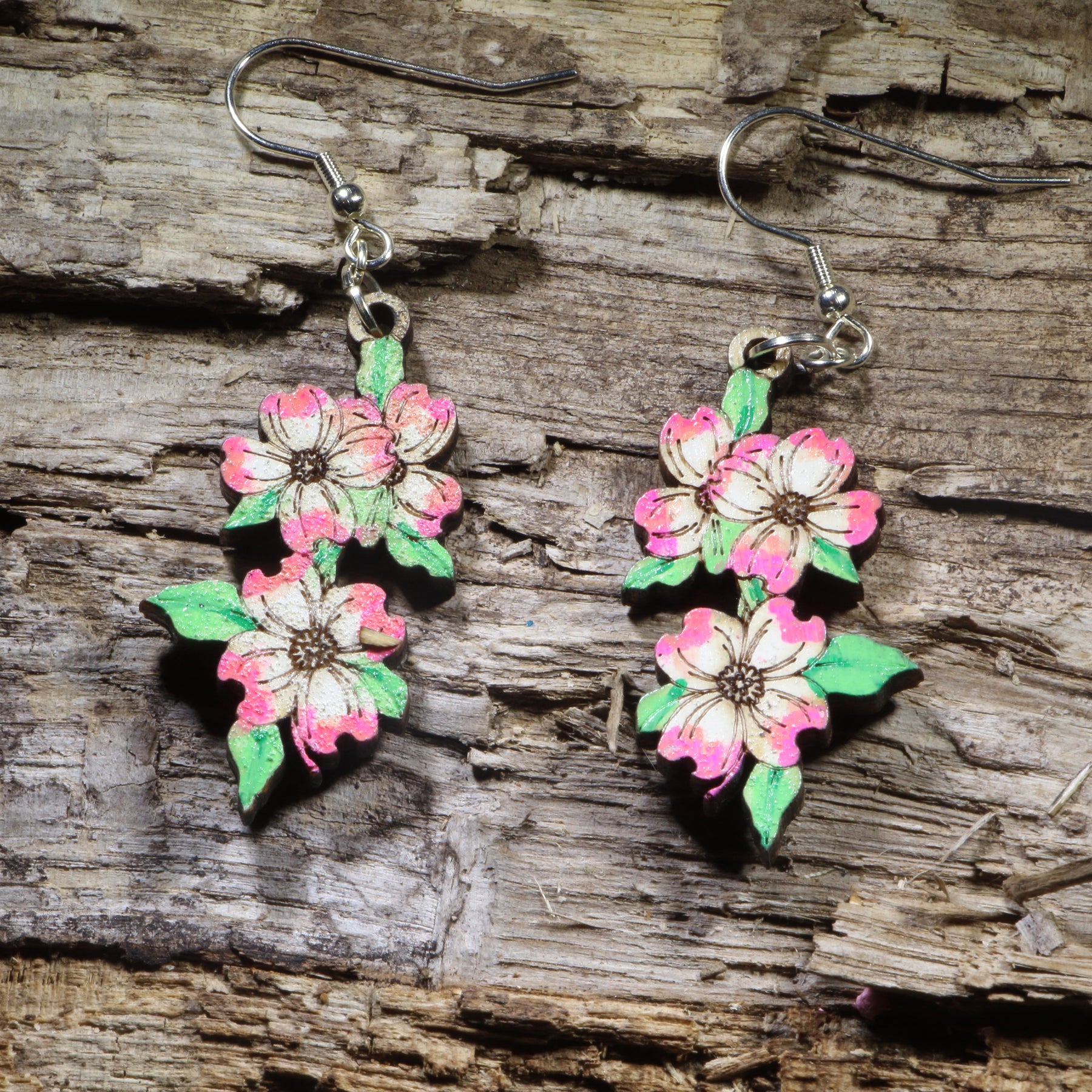 Pink Dogwood Blossom Wooden Dangle Earrings | Floral Nature Jewelry