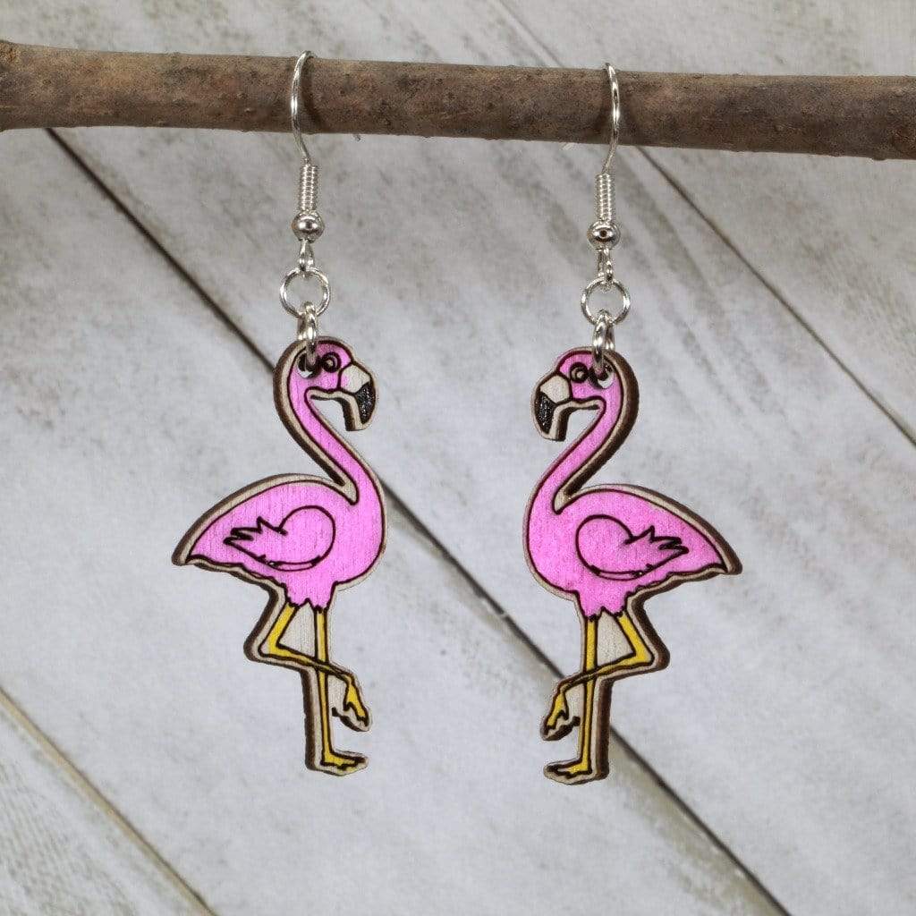 Pink Flamingo Wooden Dangle Earrings | Tropical Bird Jewelry by Cate's Concepts, LLC, handmade jewelry main product photo