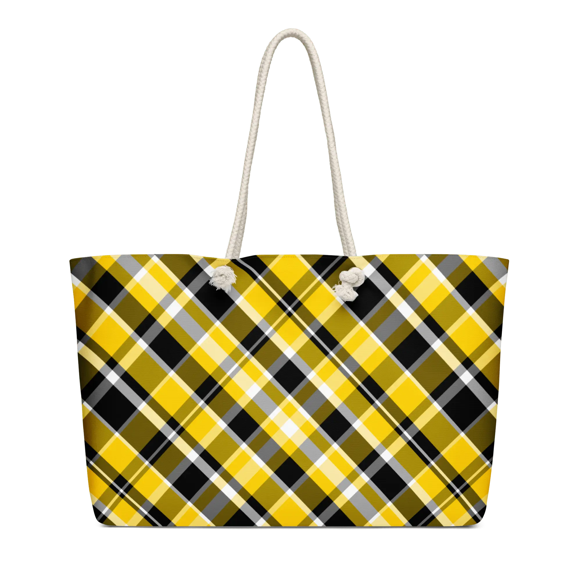 Plaid Weekender Bag: Gold & Black Oversized Tote with Rope Handles, designed by Mississippi Artist Leslie Gonce. Ideal for Weekend Getaways!