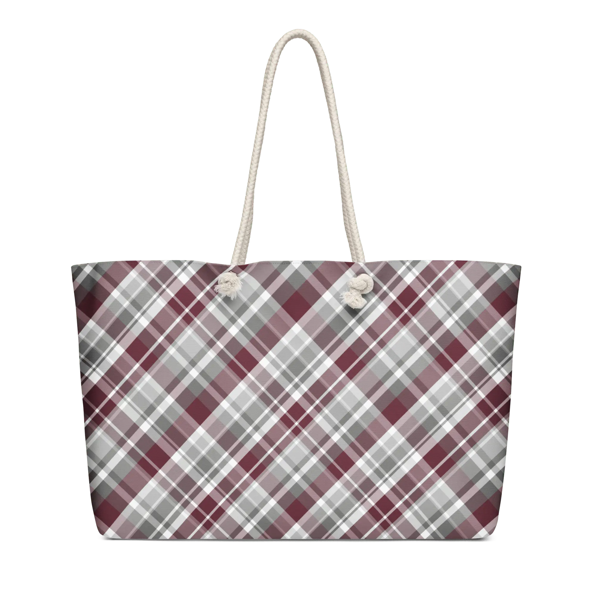 Plaid Jubilee Maroon & Gray Weekender Bag - Oversized Tote with Rope Handles - Leslie Gonce Art - Main Street Collective