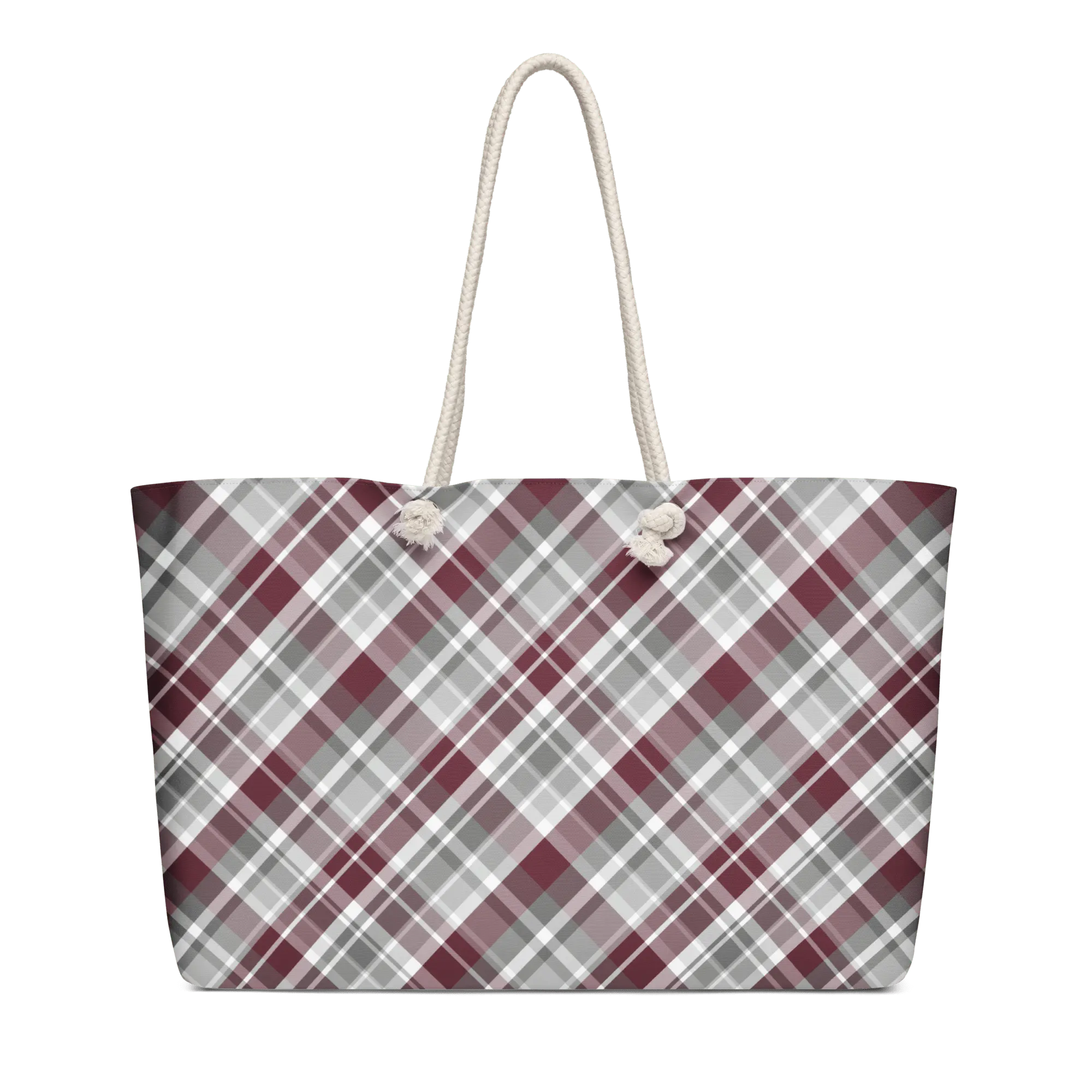 Plaid Weekender Bag: Maroon and Gray Oversized Tote with Rope Handles by Leslie Gonce - Main Street Collective