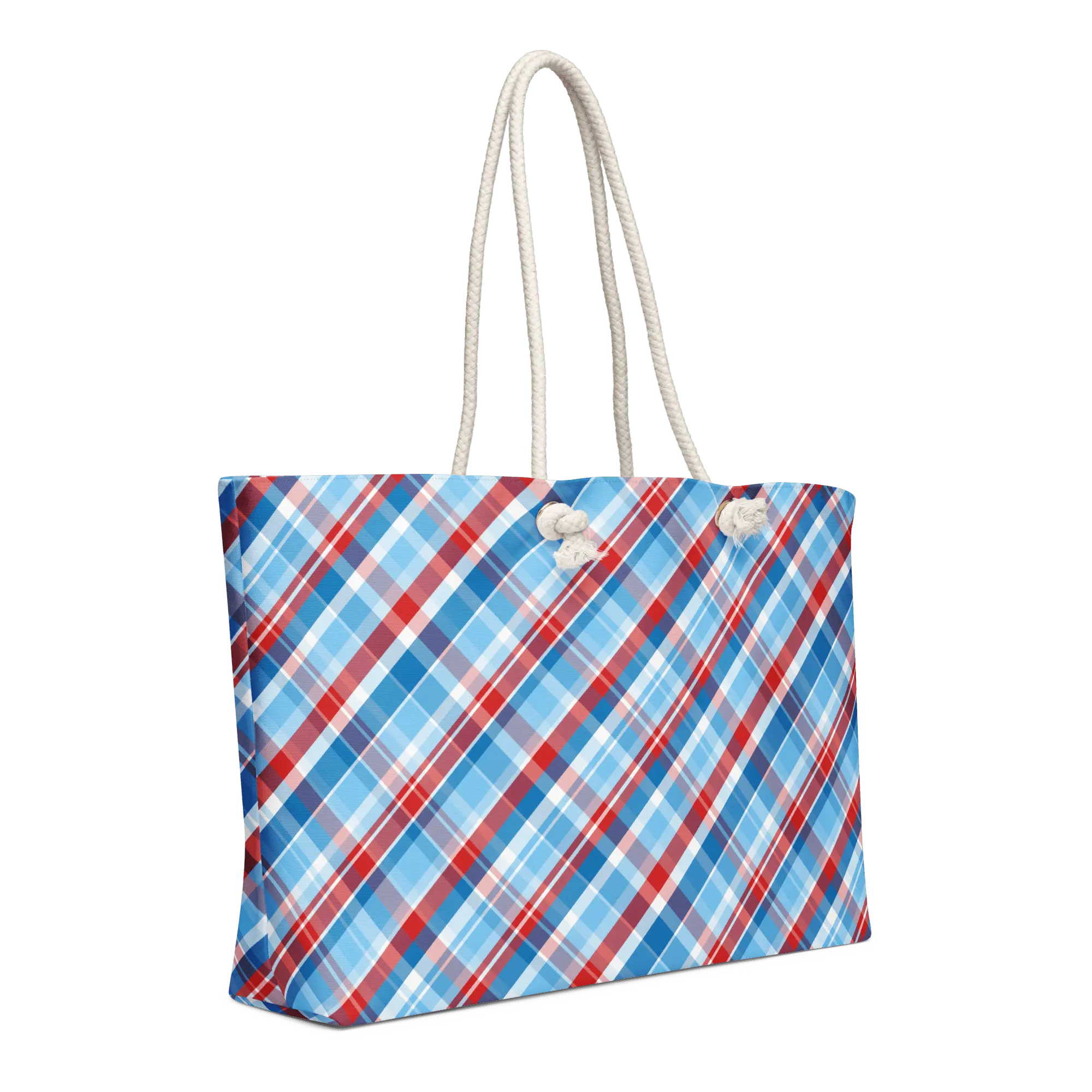 Plaid Jubilee Art in Reds & Blues Oversized Weekender Bag with Rope Handles - handdrawn art by Mississippi Artist, Leslie Gonce Mission Celebrate