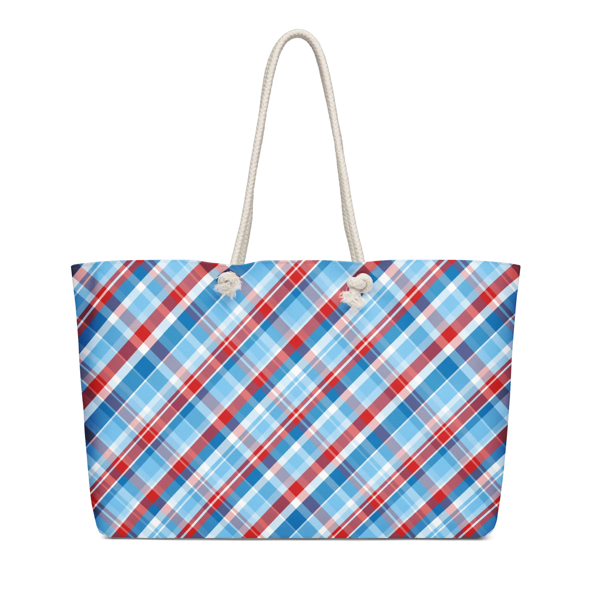 Plaid Jubilee Art in Reds & Blues Oversized Weekender Bag with Rope Handles - handdrawn art by Mississippi Artist, Leslie Gonce Mission Celebrate