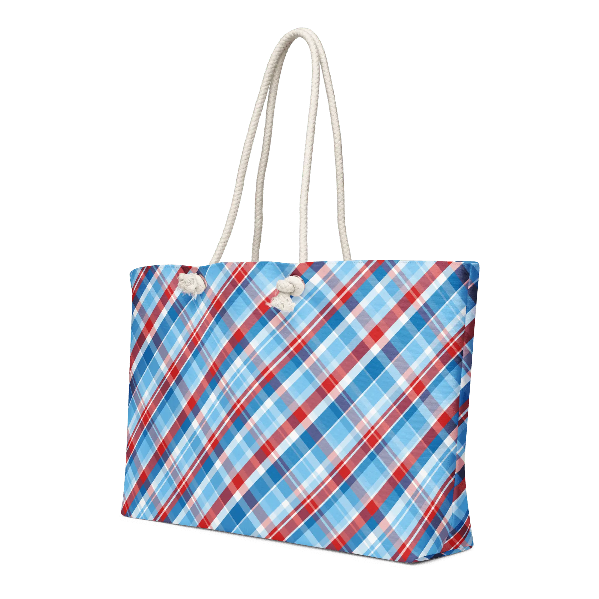 Plaid Jubilee Art in Reds & Blues Oversized Weekender Bag with Rope Handles - handdrawn art by Mississippi Artist, Leslie Gonce Mission Celebrate