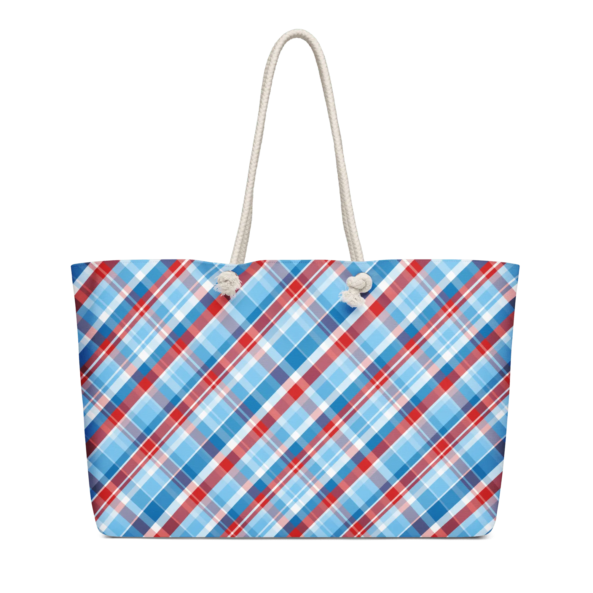 Plaid Jubilee Art in Reds & Blues Oversized Weekender Bag with Rope Handles - handdrawn art by Mississippi Artist, Leslie Gonce Mission Celebrate