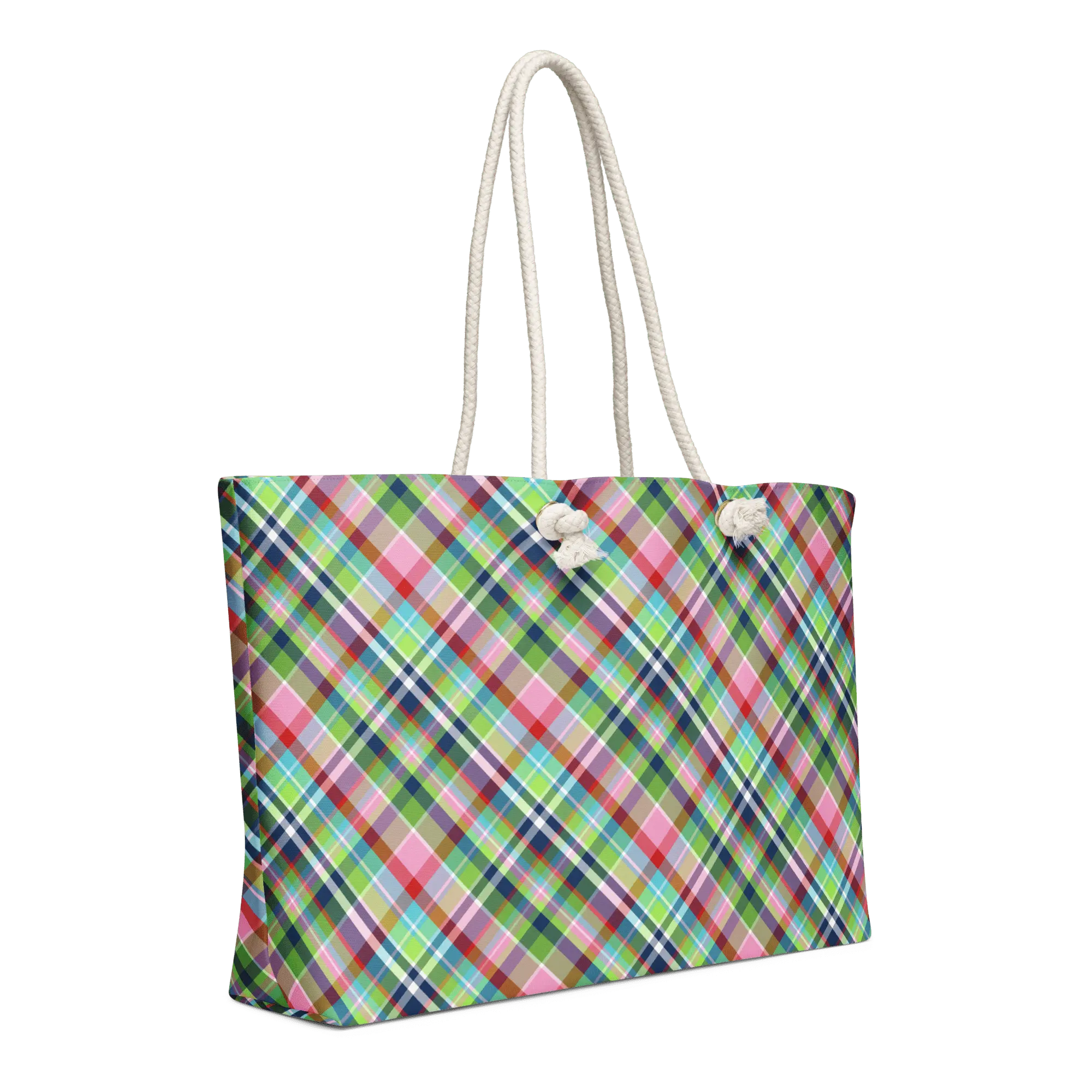 Plaid Jubilee Festive Weekender Bag by Leslie Gonce from Main Street Collective. Colorful plaid tote bag with rope handles.