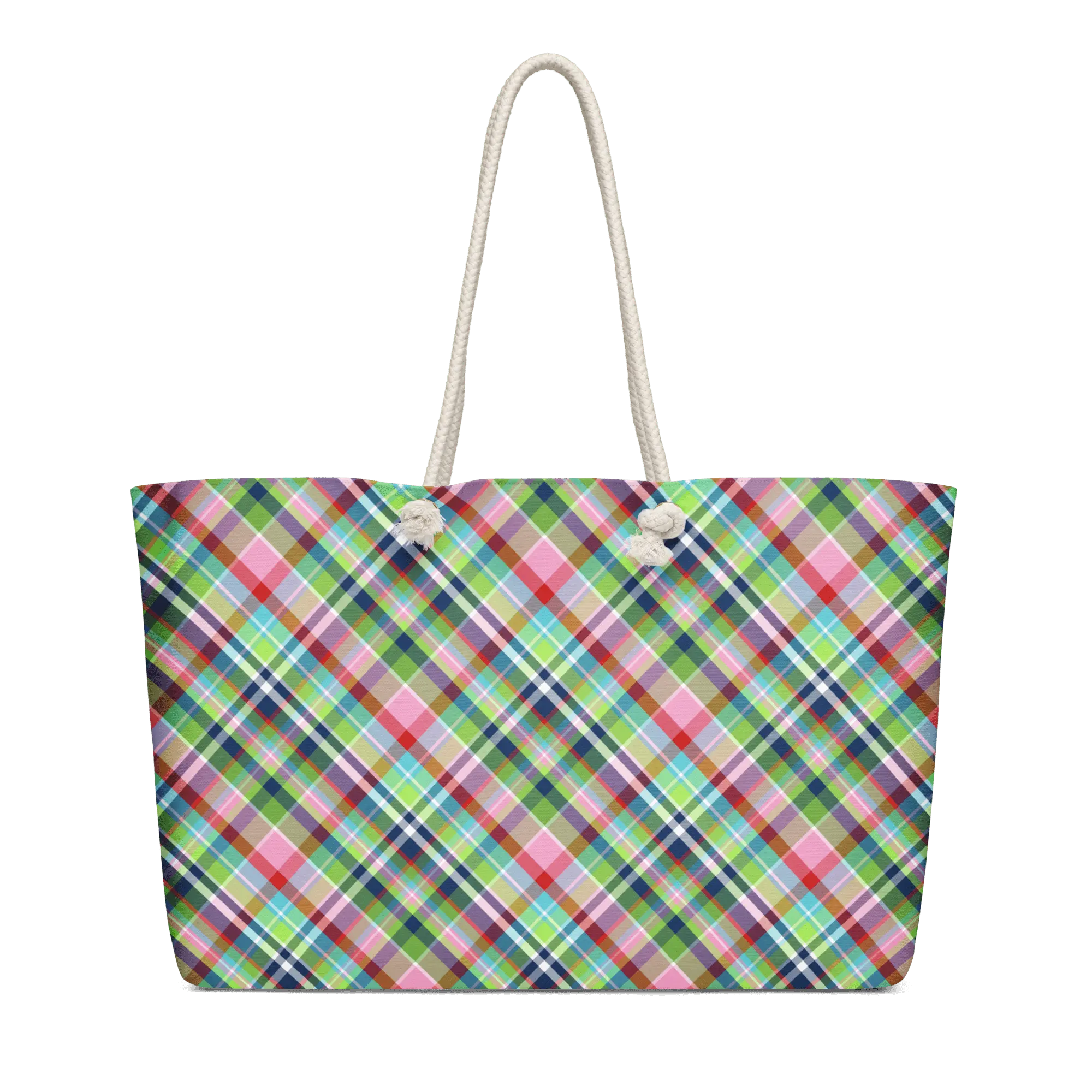Plaid Weekender Bag: Oversized Tote with Rope Handles, Hand-Drawn Festive Art by Mississippi Artist Leslie Gonce - Shop Main Street Collective