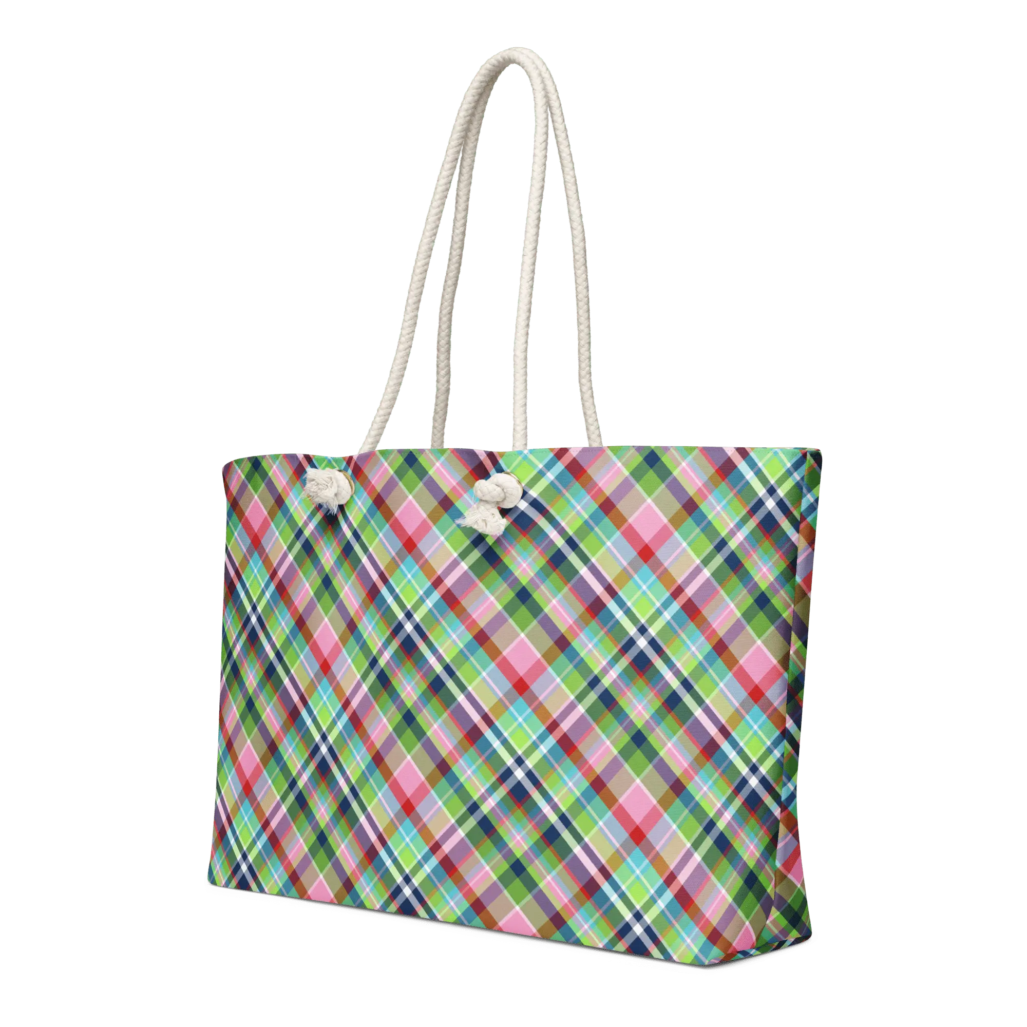 Plaid Jubilee Weekender Bag by Mississippi Artist Leslie Gonce - Festive oversized tote with rope handles.