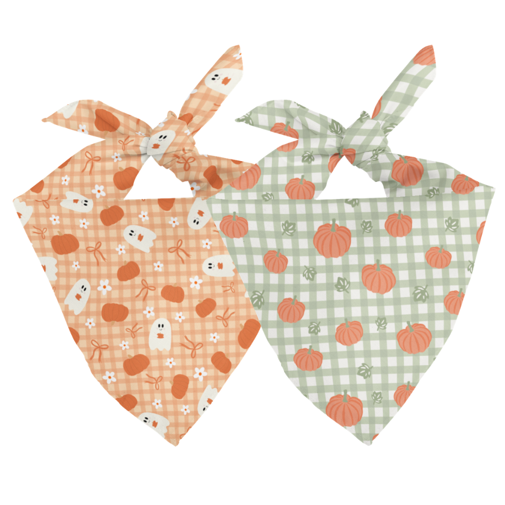 Plaid Ghost & Pumpkins Reversible Dog Bandana & Matching Scrunchie Set by Dog Bandana Co.