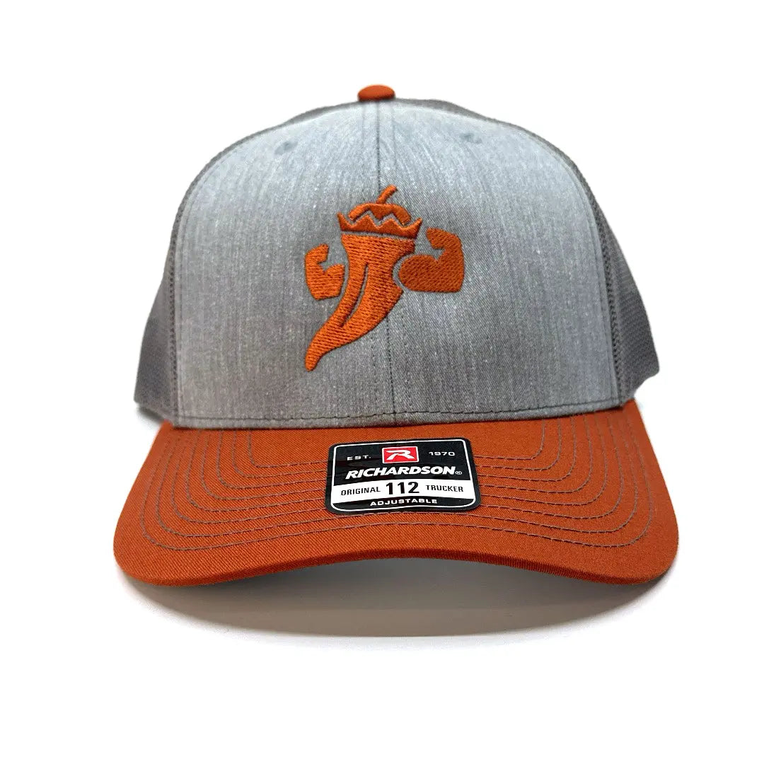 Grey and orange Richardson 112 trucker hat with embroidered chili pepper graphic.