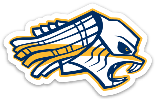 Predator head sticker with blue and yellow accents and a white border, designed for durable use on various surfaces.