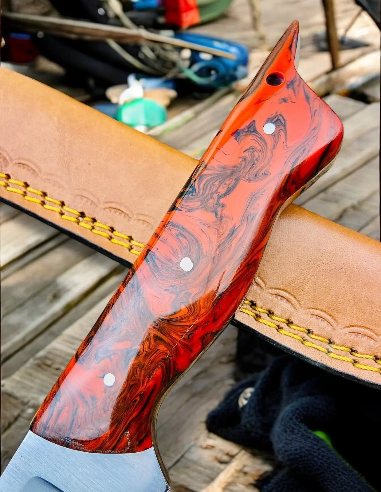 Premium 15" Handmade Fillet Knife with Epoxy Resin Handle by Damascus Knife Store, Damascus knife detail photo 5