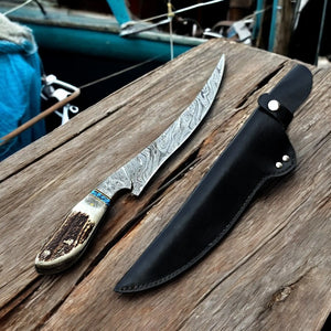 Premium Damascus Fillet Knife – Antler Horn Handle, 13" by Damascus Knife Store, Damascus knife main product photo