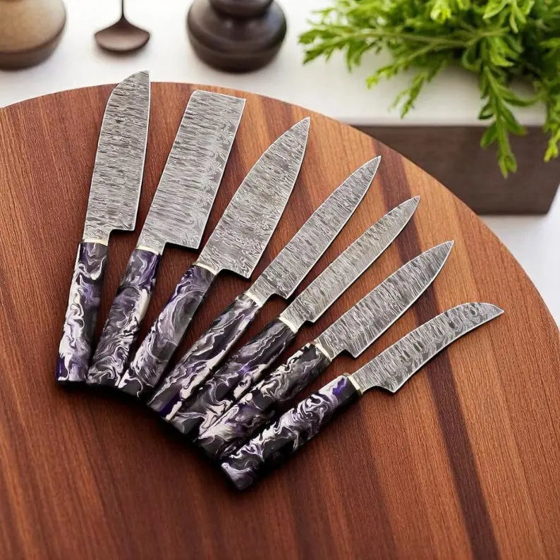 Premium Damascus Knife Set with Leather Roll by Damascus Knife Store, Damascus knife main product photo