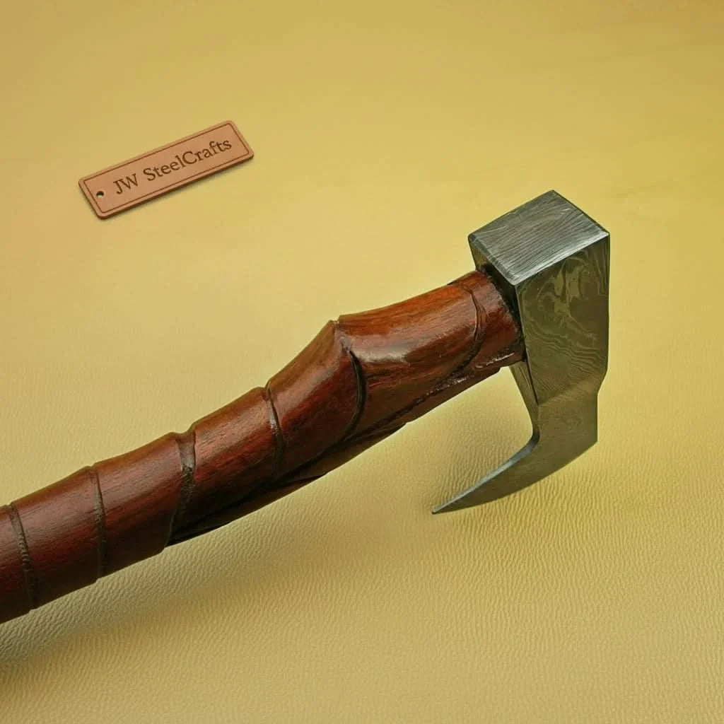 Custom Handmade Damascus steel Viking axe With Pure Leather sheath by JW SteelCrafts, leather knife sheath detail photo 2