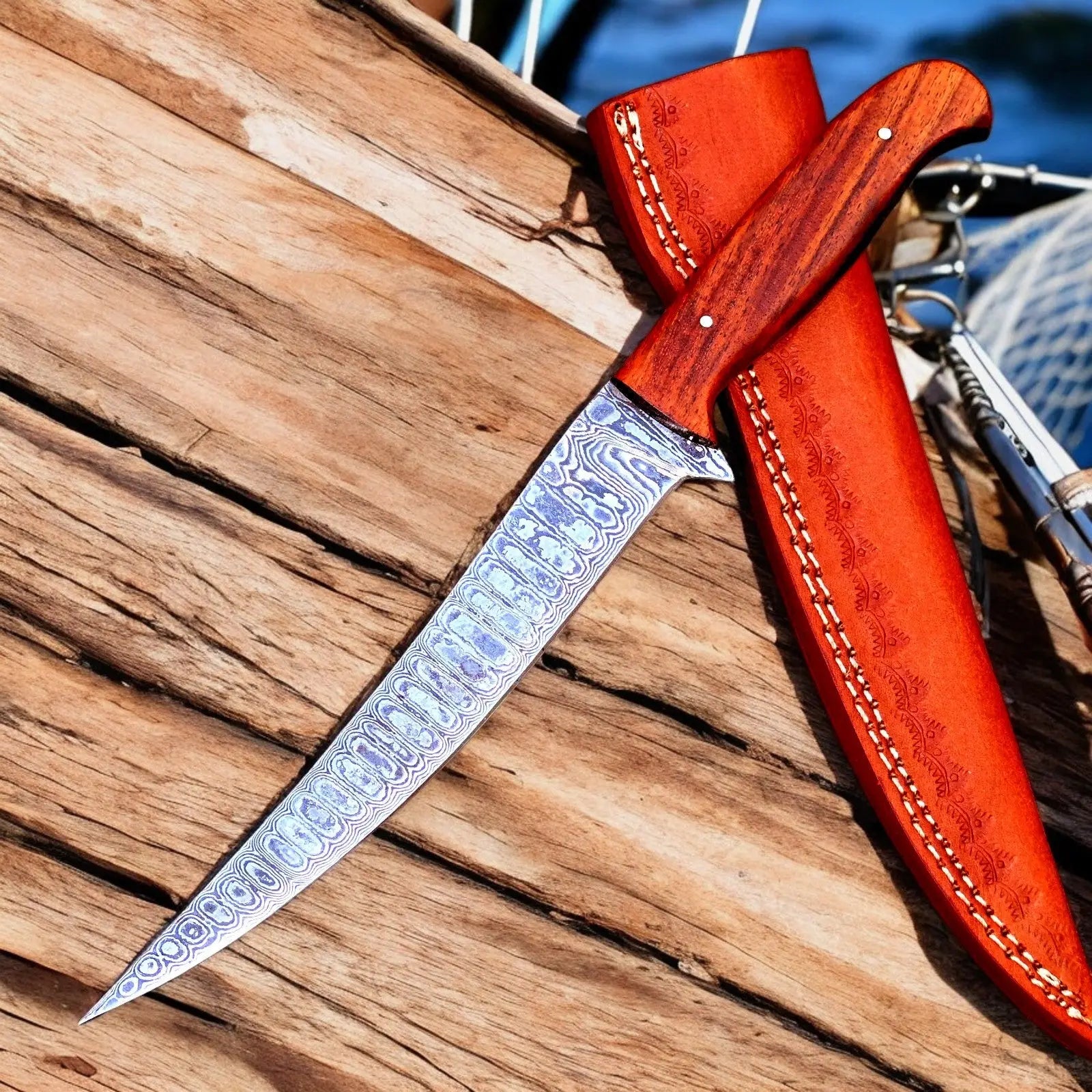 Premium Handmade Damascus Fillet Knife – 12" with Rosewood Handle by Damascus Knife Store, Damascus knife detail photo 2