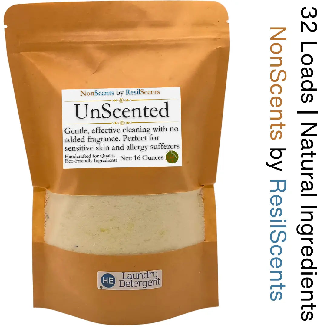 Unscented laundry detergent in a kraft bag labeled \"NonScents by ResilScents.\" HE detergent for sensitive skin, 16 ounces.