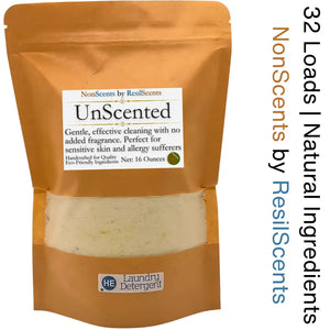 Unscented laundry detergent in a kraft bag labeled \"NonScents by ResilScents.\" HE detergent for sensitive skin, 16 ounces.