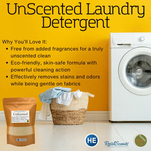Unscented laundry detergent, product bag, washing machine, and laundry basket.