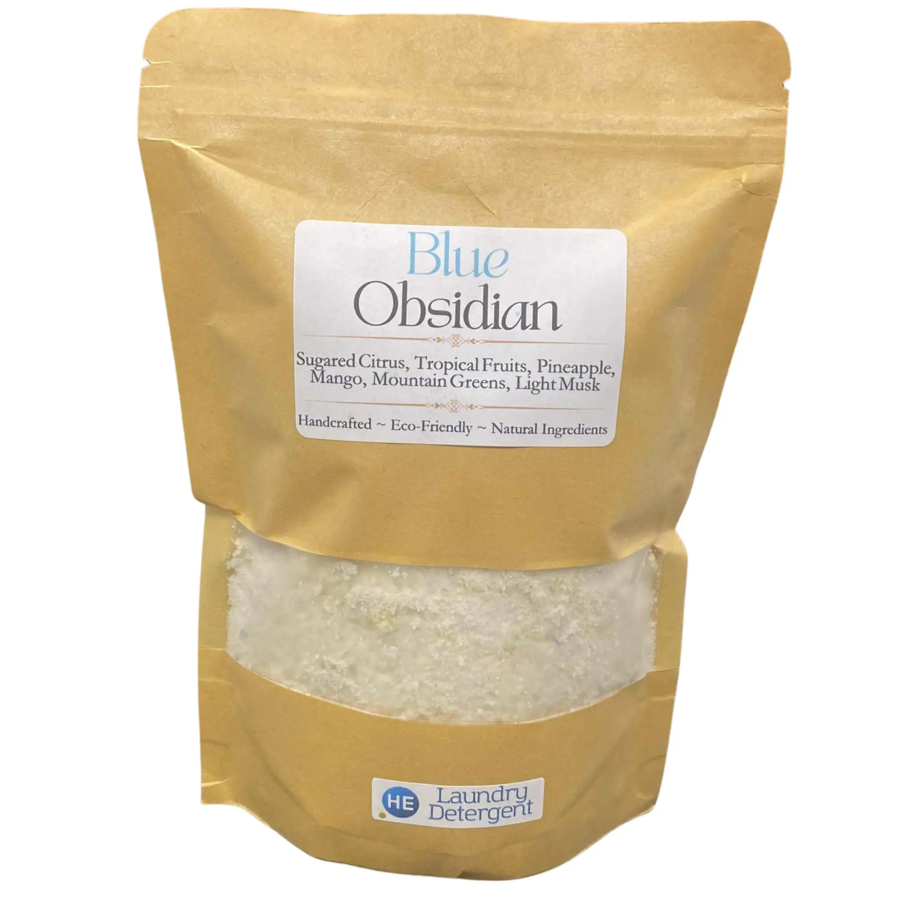 A brown paper bag of Blue Obsidian scented laundry detergent with a transparent window showcasing the product.
