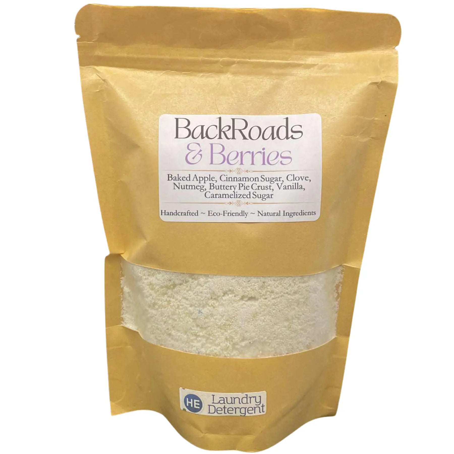 Bag of BackRoads & Berries laundry detergent in a brown paper bag with a see-through window showing the contents.
