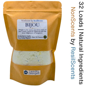Laundry detergent in kraft bag with Bijou scent label, NonScents by ResilScents brand.