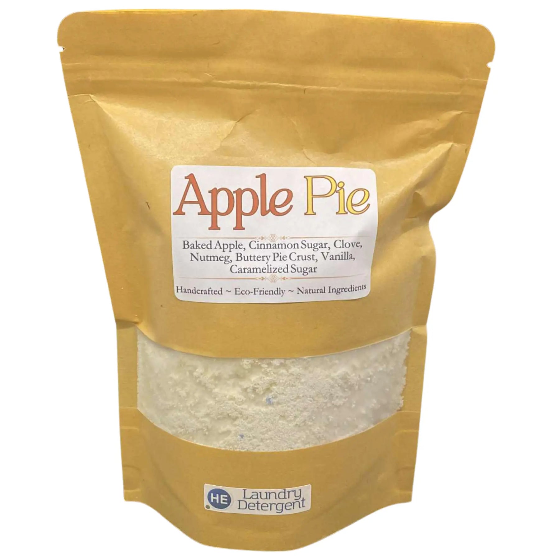 Apple Pie scented laundry detergent in a brown kraft paper bag with a transparent window showing the detergent powder.
